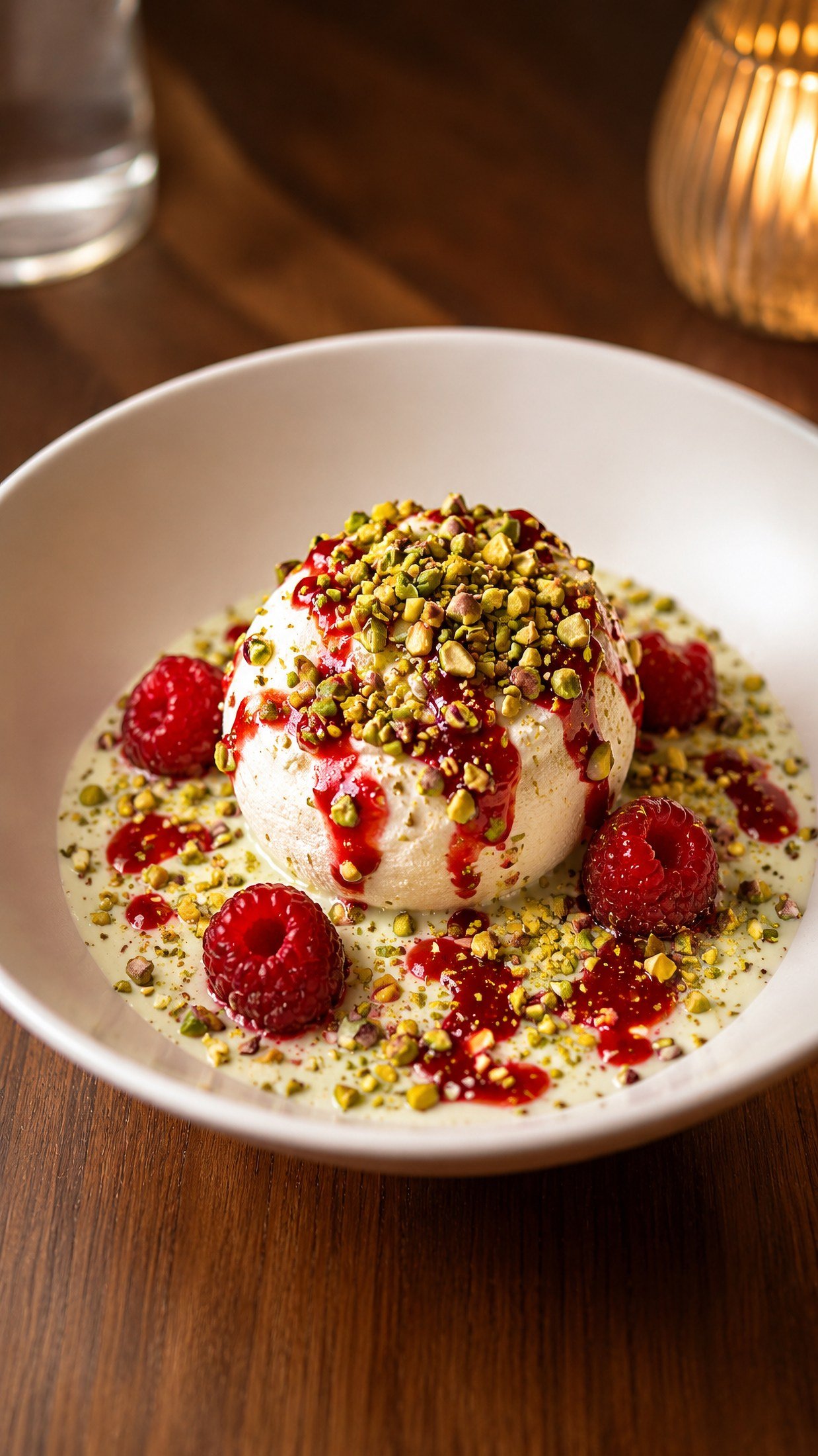 Burrata, framboises et pistaches
